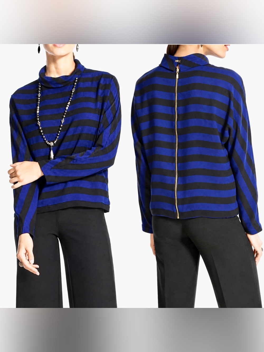 Chico's Black Label Stripe Boxy Dolman Top Black Blue Size Small